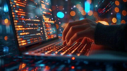 Coding programmer, software engineer working on laptop, digital technology, software development, agile methodology concept.