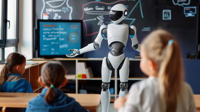Humanoid robot engaged in interactive teaching session in classroom. Demonstrates various concepts, answers questions. Collaboration, innovation, seamless integration of technology educational process