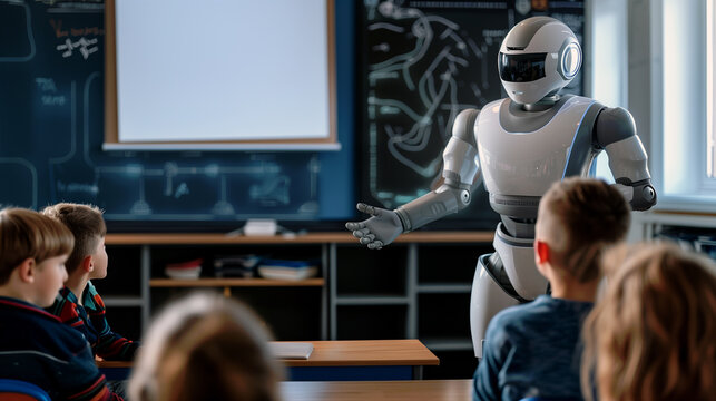 Humanoid robot engaged in interactive teaching session in classroom. Demonstrates various concepts, answers questions. Collaboration, innovation, seamless integration of technology educational process