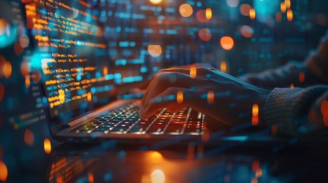 Coding programmer, software engineer working on laptop, digital technology, software development, agile methodology concept.