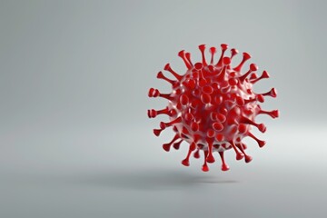 3D digital rendering of a red virus particle featuring intricate spike details on a soft grey gradient background.