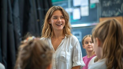 Teacher leading a drama class with enthusiastic students, Teacher, creative and energetic