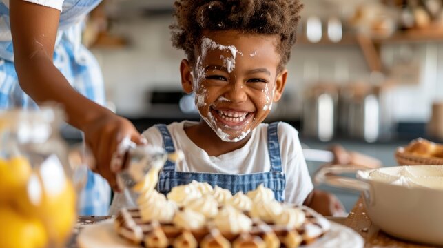 A joyful child covered in whipped cream, enjoying delicious waffles in a bright kitchen, capturing the pure delight and fun involved in eating and making tasty treats.
