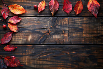 Obraz premium Vibrant Autumn Leaves on Rustic Wooden Background: Seasonal Fall Nature Scenery with Colorful Foliage and Copy Space for Creative Designs and Decorative Use