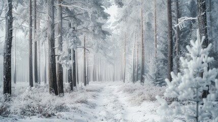 Naklejka premium Forest covered in snow, with tall trees and frost. generative ai