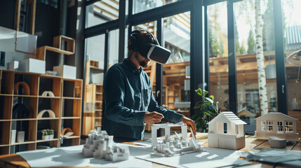 Architect using VR headset for virtual design. Modern studio environment with scale building models and architectural drawings.
