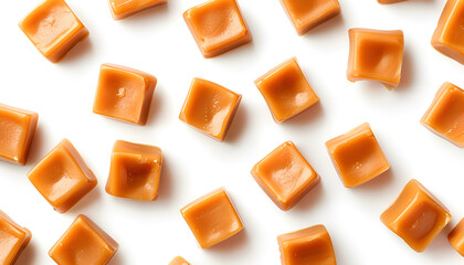 Set with delicious caramel candies on white background. Banner design