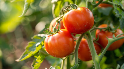 Close-up of ripe red tomatoes on the vine in a garden, illuminated by natural sunlight, displaying vibrant colors and fresh greenery.