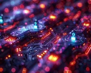 Digital Security Concept: Glowing Blue Encrypted Data Streams in Futuristic 3D Model