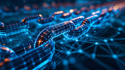 Digital blockchain concept with glowing chains and technology network, representing secure data transfer and decentralized system.