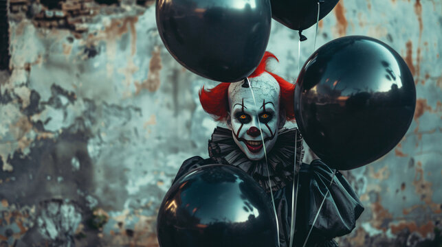 Creepy clown holding black balloons with a dilapidated background, creating an eerie and unsettling atmosphere. - Powered by Adobe