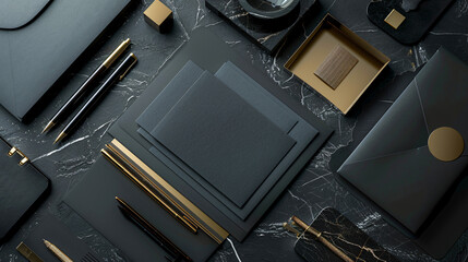 Elegant, black and gold office stationery items arranged on a stylish marble surface. Perfect for luxury branding and professional presentations.