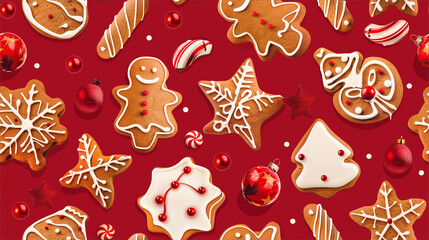 seamless pattern of christmas decoration with ginger cookies on red