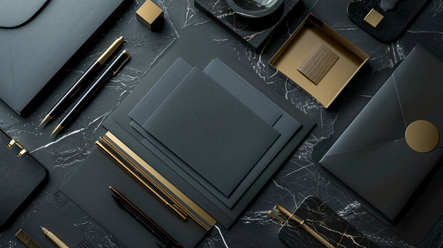 Elegant, black and gold office stationery items arranged on a stylish marble surface. Perfect for luxury branding and professional presentations.