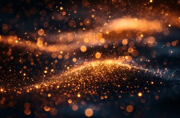 Naklejka premium A grainy, blurry texture of sand on the ground with golden sparkles flying around it, against black background,