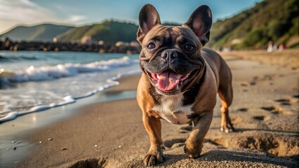 Fototapeta premium Happy french bulldog walking on the beach.