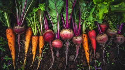 Freshly harvested root vegetables including carrots and beetroots arranged in a row on soil, showcasing vibrant colors and organic produce. - Powered by Adobe