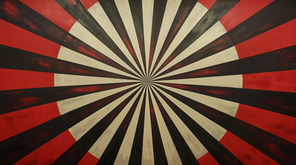 A vibrant and dynamic pattern of alternating red and black stripes. These stripes converge towards the center, creating a sense of depth and perspective. The design appears to be a modern abstract art