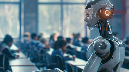 Futuristic robot teacher interacting with students in a modern classroom, showcasing AI technology in education and learning environments.