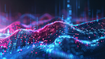 Futuristic digital waveform with neon lights. Abstract tech background, data visualization concept in vibrant colors.