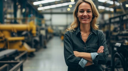 Businesswoman smiling confidently while standing in a factory