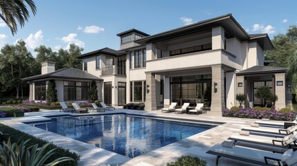 Fototapeta premium Luxurious Modern Mansion with Pool - 3D Rendering of Upscale Contemporary Architecture Featuring Spacious Outdoor Area and Elegant Design Elements