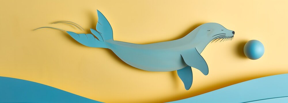 94. "A playful paper cut image of a seal playing with a ball, set against a sunny yellow background