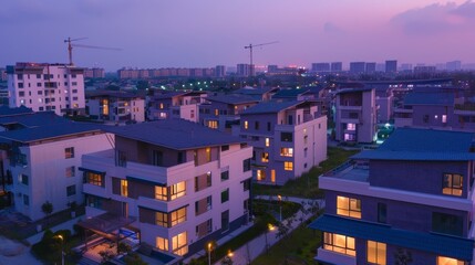 Obraz premium Evening Urban View of Modern Real Estate Homes in City Construction Concept. Illuminated Buildings and Houses in a Vibrant Urban Landscape, Showcasing Contemporary Architecture and Development