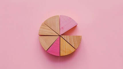 Wooden circular pie chart with colorful segments on a pink background. Minimalistic design concept for data visualization.