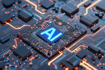 A close-up view of a futuristic AI chip with glowing circuits. The blue AI logo is the main focus on a black circuit board.