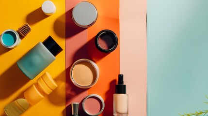 Beauty products arranged in a balanced composition with a camera lens focused on them