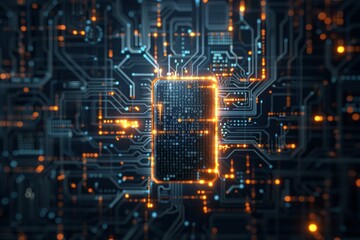 A close-up view of a digital circuit board with a glowing processor in the center. It represents technology and innovation.