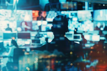 journalist in a dynamic newsroom, breaking news screens, busy reporters close up, focus on, copy space, vibrant colors, Double exposure silhouette with newsroom activity