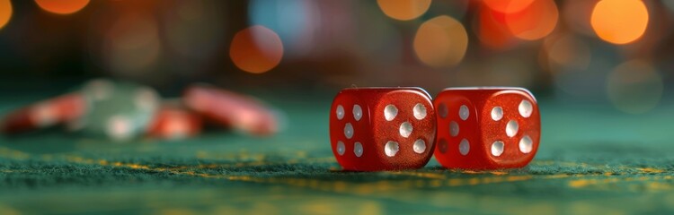 Close Up of Red Dice on Green Felt Tabletop