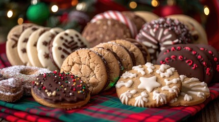 A photograph of assorted biscuits in a festive setting, including gingerbread, sugar cookies, and chocolate-dipped biscuits, arranged on a red and green checkered tablecloth. - Powered by Adobe