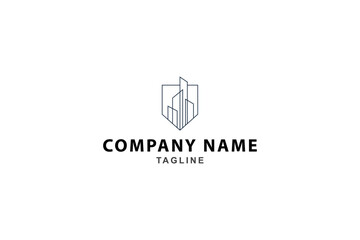 skyscraper city building logo with shield combination in line art design style