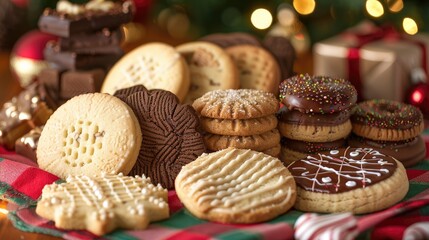 A photograph of assorted biscuits in a festive setting, including gingerbread, sugar cookies, and chocolate-dipped biscuits, arranged on a red and green checkered tablecloth.