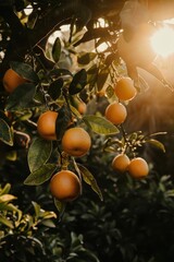A tree with many oranges hanging from it. The oranges are ripe and ready to be picked. The sunlight is shining on the tree, making the oranges look even more vibrant and inviting