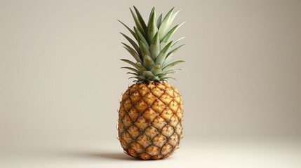 A photograph of a fresh pineapple, with its green spiky leaves and rough brown skin, standing upright on a plain white background.