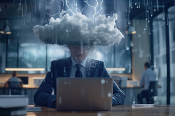 Unrecognisable man with stormy cloud on his head
