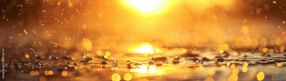 Poster The image is of a body of water with a sun shining on it, creating a beautiful and serene atmosphere. The water is filled with small bubbles, giving it a sparkling and lively appearance