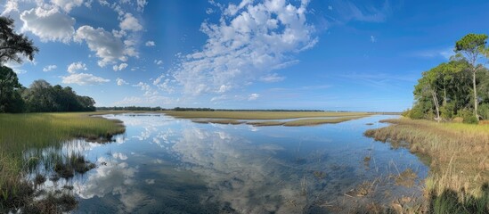 Scenic view of a tranquil tidal inlet in a coastal wetland area with abundant vegetation, featuring a large expanse of water reflecting the sky above, allowing for a soothing natural backdrop ideal