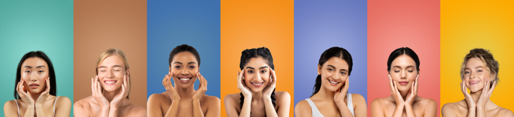 A group of eight diverse women smile while touching their faces, each standing in front of a different colored background.