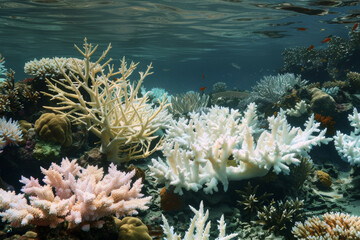 Underwater scene of coral bleaching, showcasing white, lifeless coral in a serene ocean setting. Vivid representation of climate change impacts.