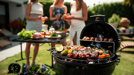Obraz premium Friends are gathered around a grill, cooking food