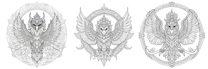 Obraz premium Garuda Coloring Page Clipart Set on Transparent Background