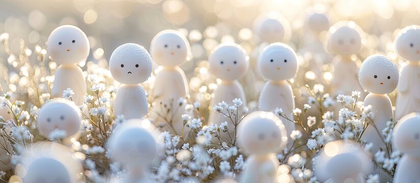Teru teru bouzu, Japanese rain-repelling dolls, share the sky with white dolls expressing sadness and joy, against a sunny backdrop. Image with copy space and selective focus.