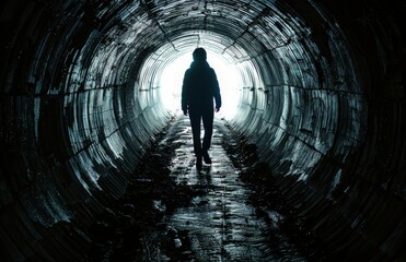 Silhouette of a Person Standing in a Dark Tunnel With Light at the End