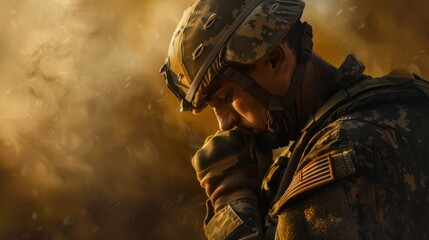 Soldier, sad or prayer for peace, freedom and healing with mindfulness for faith. Military, hero or man spiritual for support, hope and thinking or cease fire to end war, political or social conflict