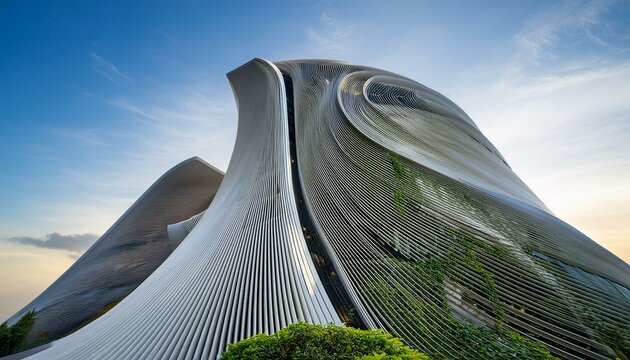 Un edificio alto con formas curvas y una estructura inspirada en la naturaleza.